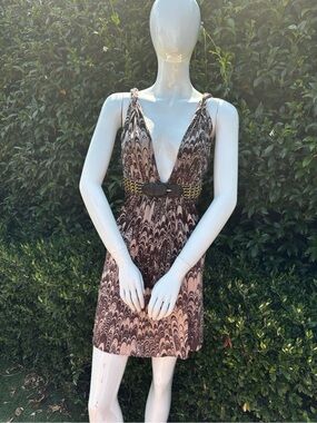 Y2K Silk Mini Brown and Cream Plunging V-Neck Dress with waist belt